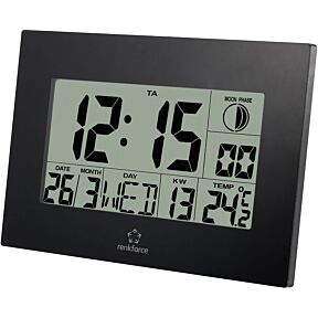 digitalna ura prikazuje čas petnajst minut čez dvanajst. Na zaslonu je mogoče odčitati datum, dan v tednu in notranjo temperaturo.