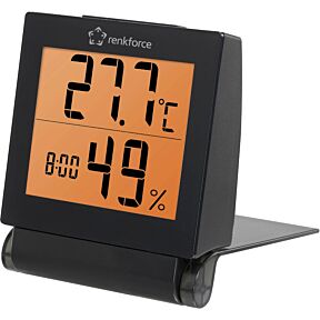 digitalni termometer in vlagomer s prikazom ure in oranžno osvetlitvijo