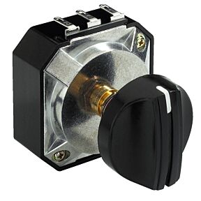 Vgradni regulator glasnosti s kontakti za priklop in velikim gumbom za upravljanje, v črni barvi