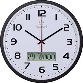 Stenska ura s črnim okvirjem, analognimi številkami v črni barvi in kazalci, Ura je radijsko vodena 