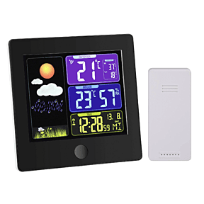 vremenska postaja za barvnim zaslonom prikazuje čas, notranjo temperaturo in vlago, zunanjo temperaturo ter vremensko napoved