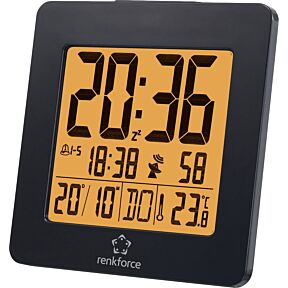 Radijsko vodena digitalna namizna ura z LCD zaslonom  in črnim okvirjem , priakzuje datum, uro, nastavutev alarma