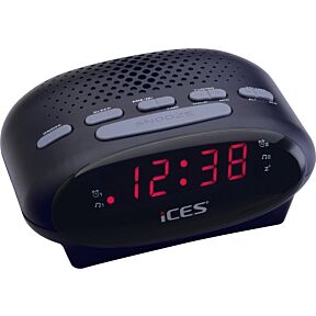 Namizna ura, budilka z radijem, v črni barvi in sivimi gumbi za upravljanje , prikazovalnik prikazuje številke v rdeči barvi na črni podlagi