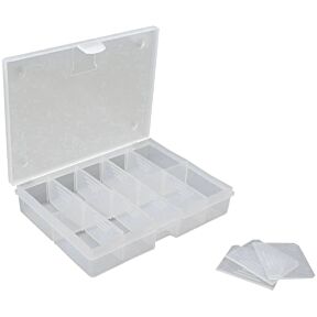 Plastična sortirna škatla v barvi polprozorne plastike in pregradami za predalčke