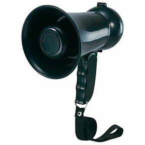 Megafon v črni barvi s trakom za varno prenašanje
