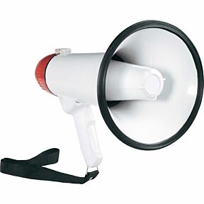 Megafon v beli barvi, prednji zvočnik zaščiten z gumo za zaščito pri odlaganju
