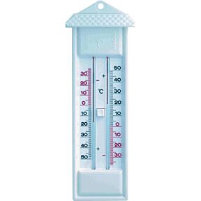 Analogni stenski termometer iz plastične mase, prikazuje minimamalno in maksimalno izmerjeno temperaturo z gumbom za ponastavitev.