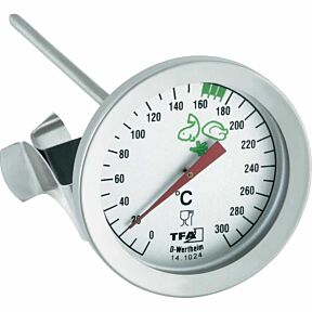 Analogni termometer za merjenje temperature olja pri cvrtju z držalom za posodo, v srebrni barvi