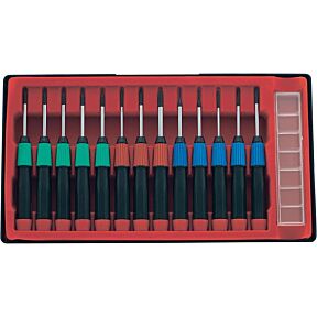 14-delni set izvijačev ploščati/križni/torx v priročni plastični škatli za shranjevanje, ročaji so različnih barv, glede na konico
