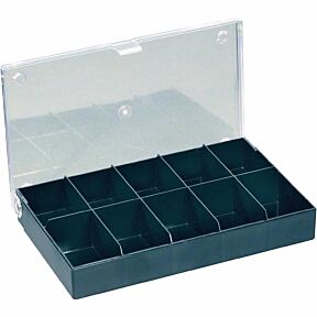 Plastična sortirna škatla s desetimi predalčki in prozornim pokrovom