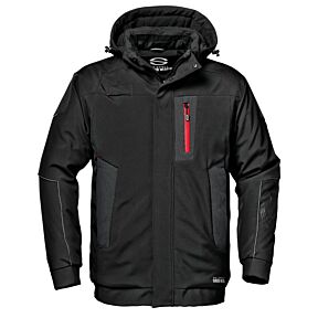 Zimska delovna jakna v črni barvi, s kapuco, na desni strani ima na prsnem zunanjem žepu zadrgo v rdeči barvi.
