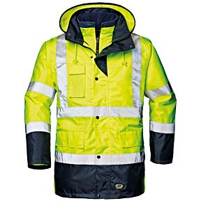 Visoko vidna delovna jakna s kapuco z odsevnimi trakovi, v rumeno modri barvi. sestavljena iz zunanje jakne in notranjega dela jakne , ki je snemljiv in ga je mogoče nosti posebej.